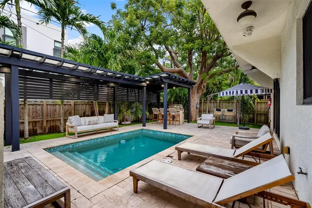 a view of a backyard with sitting area