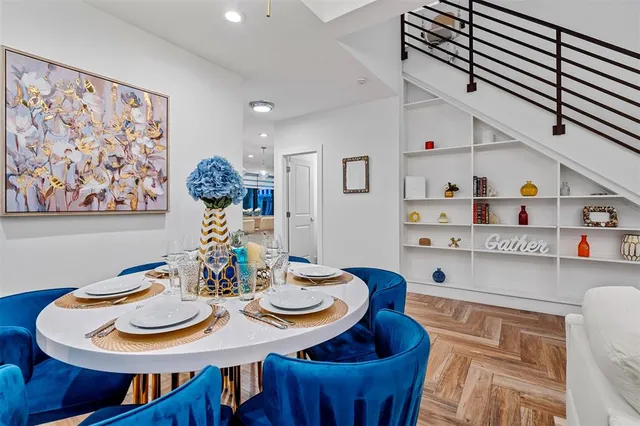 a view of a dining room with furniture