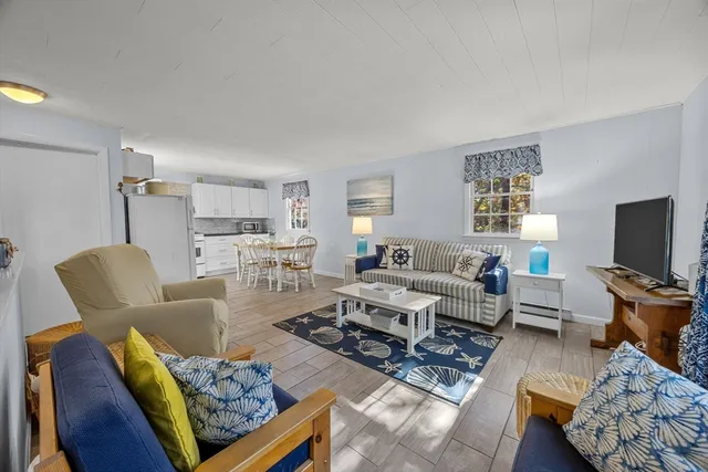 a living room with furniture a rug a window and a flat screen tv