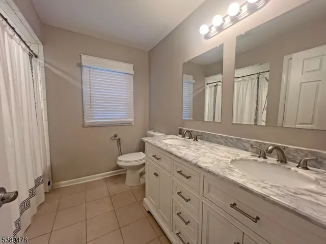 a bathroom with a granite countertop toilet a double vanity sink a mirror and a shower