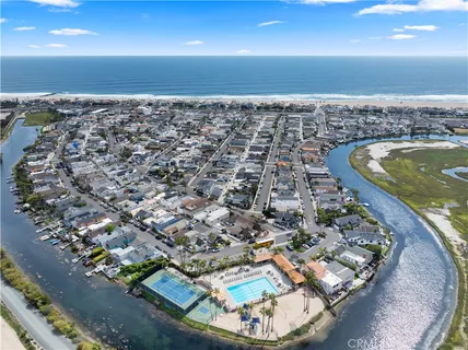 an aerial view of a pool