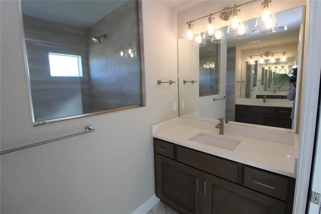 a bathroom with a sink and a mirror