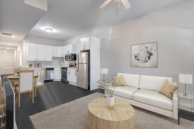 2633 West Haddon Avenue, Unit 3F Chicago, IL 60622 - Photo 2 of 12 a living room with stainless steel appliances furniture a dining table and kitchen view