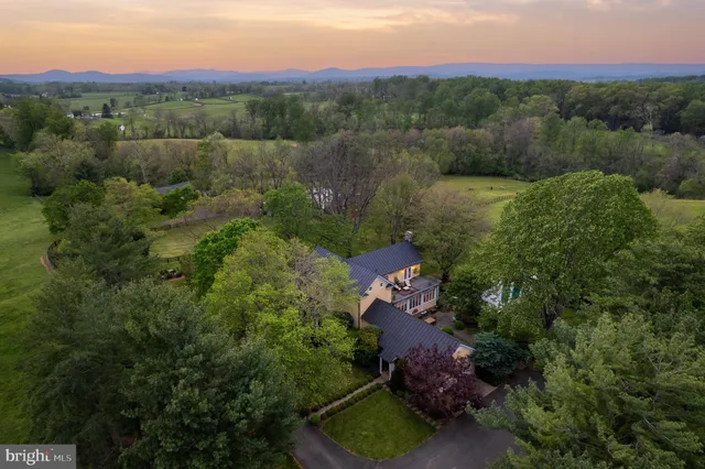 an aerial view of green landscape with trees houses and mountain view
