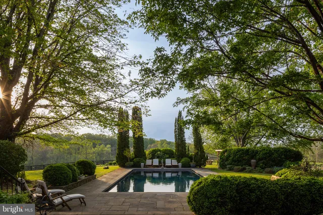 a view of outdoor space with seating area and trees around
