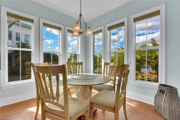 a view of a dining room with furniture window and wooden floor