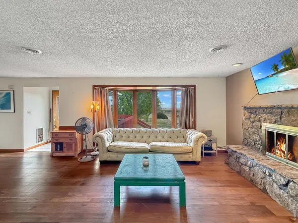 a living room with furniture a flat screen tv and a fireplace