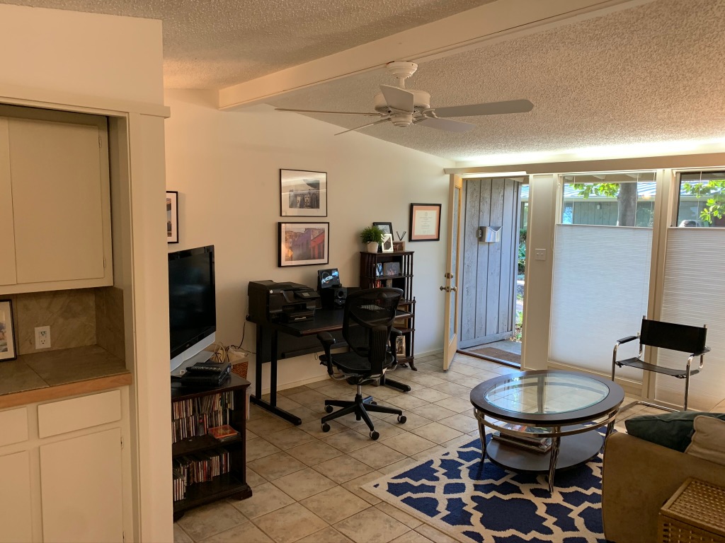 1714 Summit View Place, Unit 3 Austin, TX 78703 - Photo 13 of 17 Office with a textured ceiling, light tile patterned flooring, ceiling fan, baseboards, and vaulted ceiling with beams