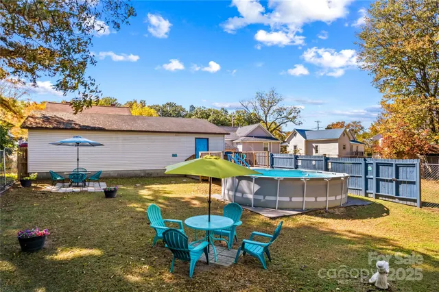 a backyard of a house with table and chairs