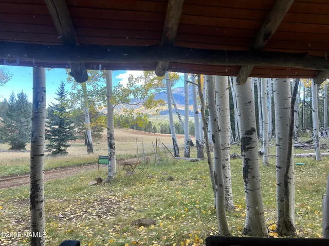 a backyard of a house with a garden and outdoor seating