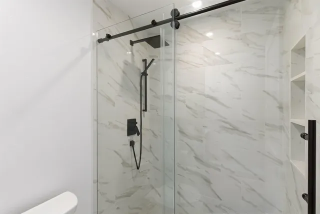 a bathroom with a shower and toilet