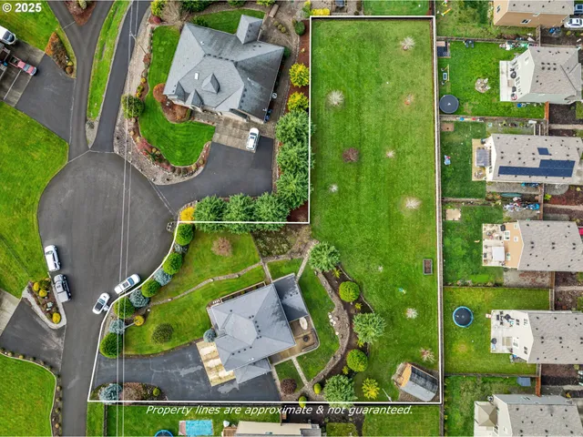 an aerial view of a house with a garden and swimming pool