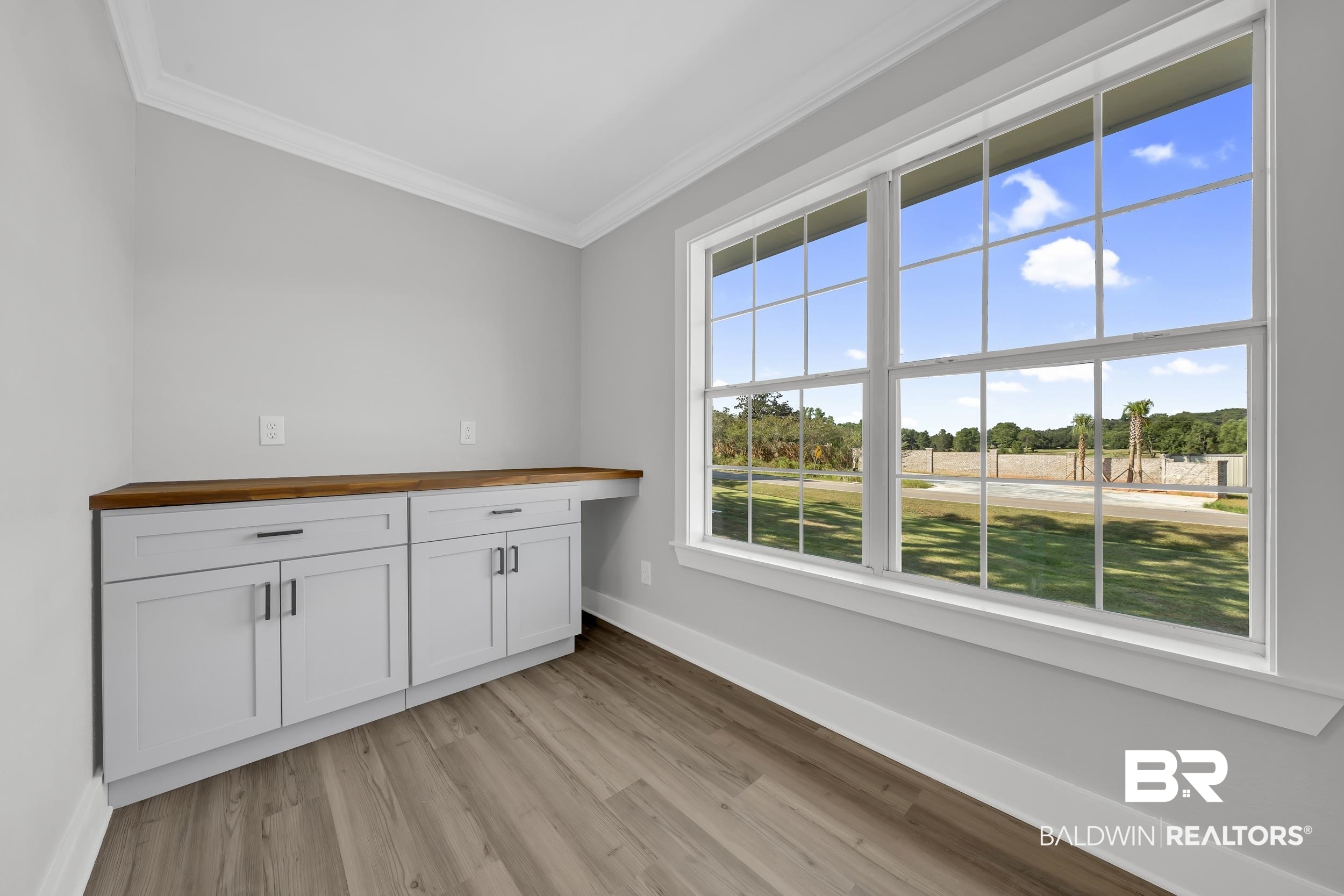 8351 Theodore Dawes Road Theodore, AL 36582 - Photo 20 of 46 Bar with white cabinetry, wood counters, ornamental molding, and light wood-style flooring