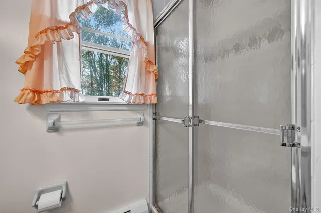 a bathroom with a window and a shower