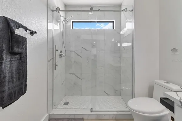 a bathroom with a shower and a toilet