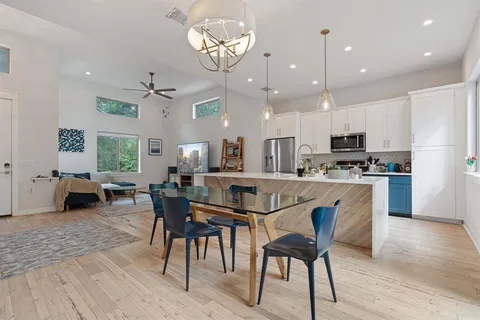 a view of a lake with a city