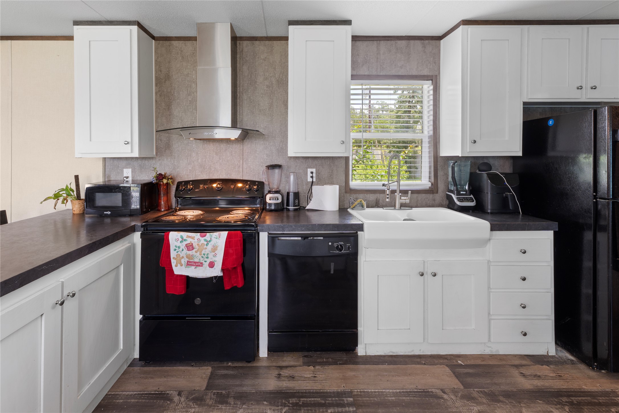 109 Hibiscus Cove Elgin, TX 78621 - Photo 5 of 15 A well-appointed kitchen features dark countertops, white cabinetry, and modern appliances.