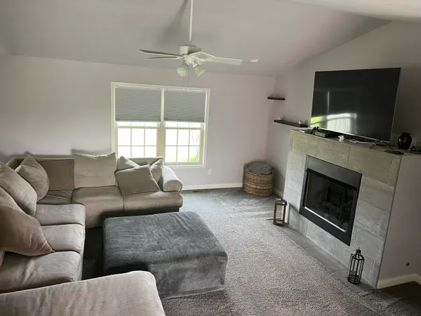 a view of a dining room with furniture
