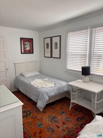 a bedroom with a bed and a desk