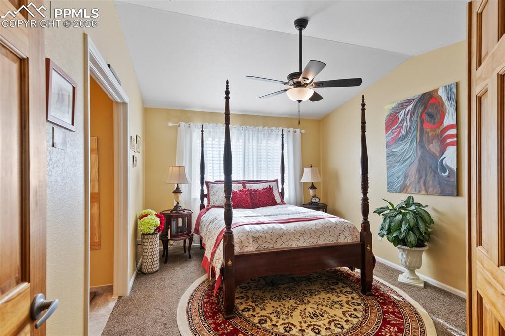 5639 Sunshade Point Colorado Springs, CO 80923 - Photo 17 of 36 a bed room with a bed and a chandelier