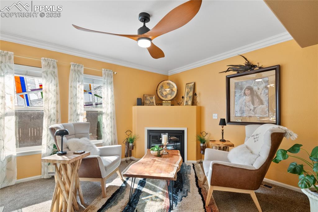 5639 Sunshade Point Colorado Springs, CO 80923 - Photo 6 of 36 a living room with furniture and a fireplace