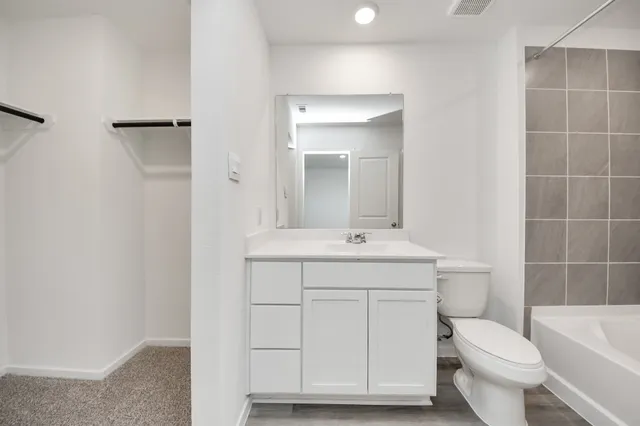 a bathroom with a bathtub shower sink vanity and toilet
