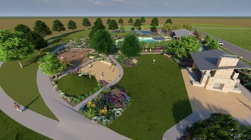 a view of a swimming pool with a yard and sitting space