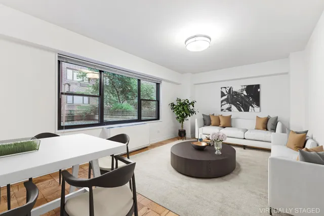 a living room with furniture and a potted plant