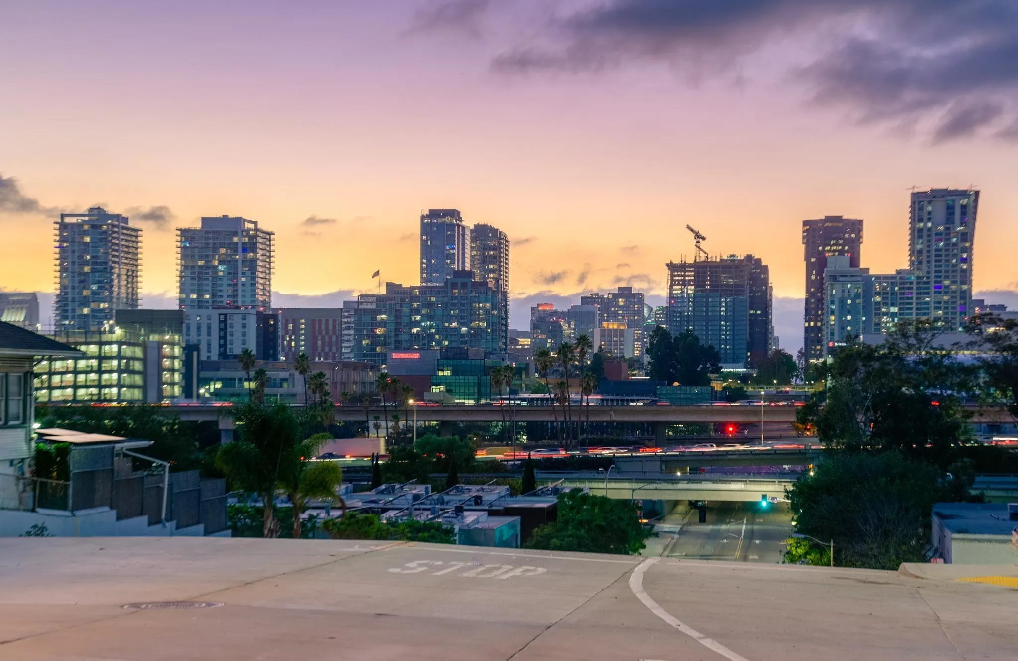 a city view with tall buildings