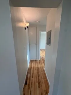 a view of a hallway with wooden floor