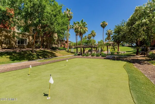 a view of a swimming pool with a bench