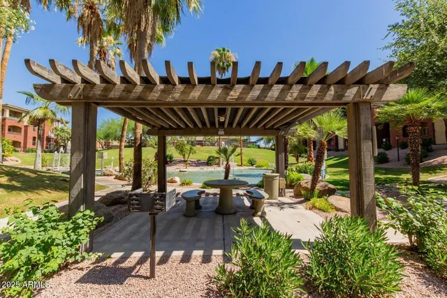 a view of swimming pool with lawn chairs and a large tree
