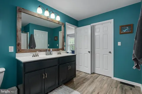 a bathroom with a double vanity sink and a mirror
