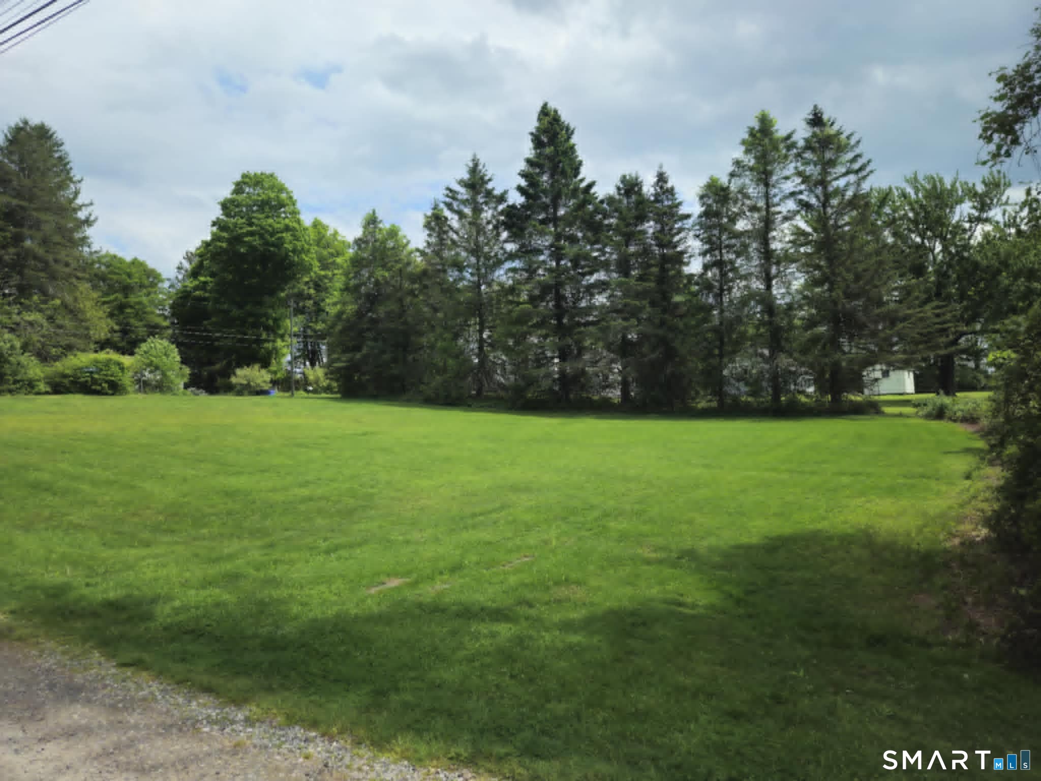 a view of a grassy field with trees in the background