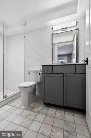 a bathroom with a sink a toilet and mirror