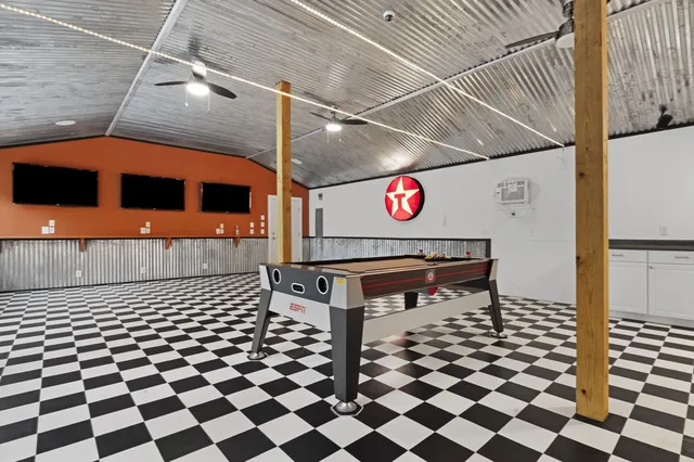 a view of a street with a black and white checkered roof