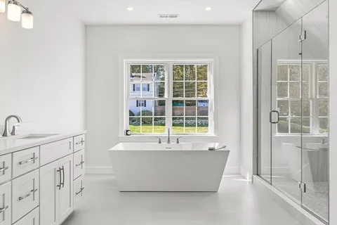 a view of a bathtub in a room