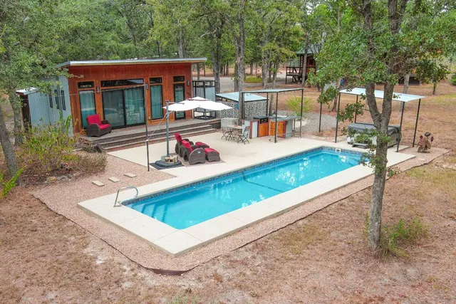 an outdoor space with seating