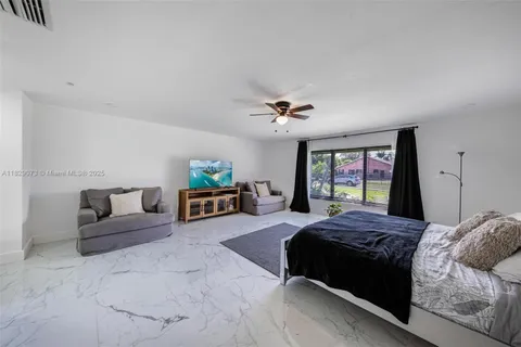 a spacious bedroom with a bed and couch