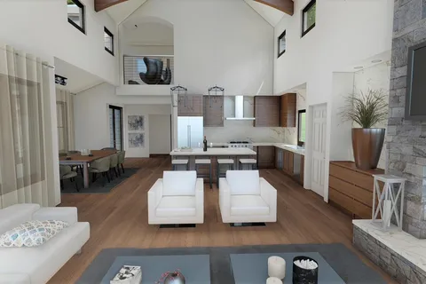 a living room with furniture and a floor to ceiling window