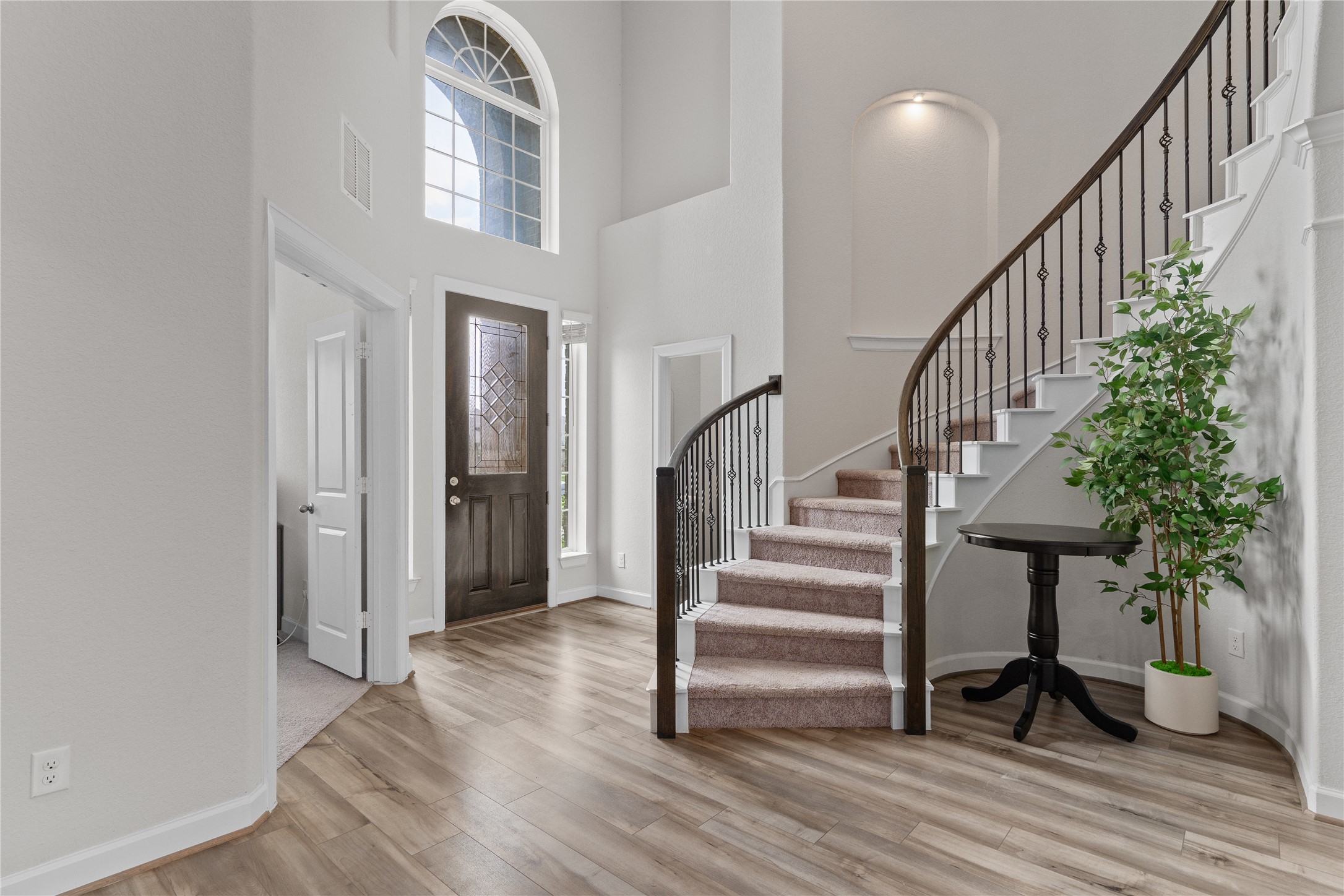 130 Wild Pecan Loop Buda, TX 78610 - Photo 2 of 31 Two-story foyer featuring wood-finish flooring and a curved staircase with wrought iron balusters