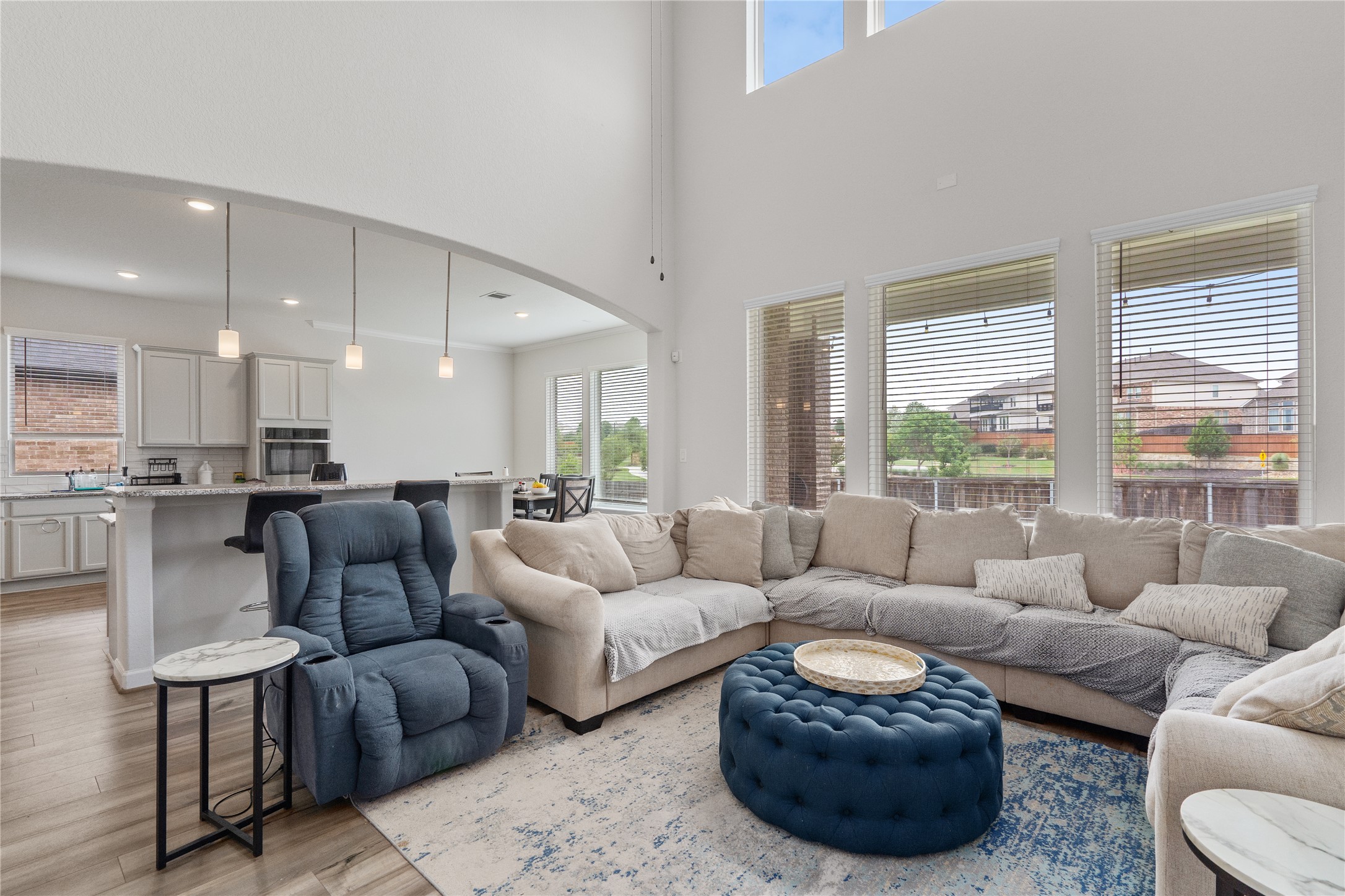 130 Wild Pecan Loop Buda, TX 78610 - Photo 10 of 31 Two-story living area with high ceilings, wood-finish flooring, and a bank of three windows