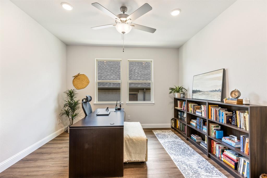 313 Savannah Lane Oak Point, TX 75068 - Photo 9 of 39 Home office with dark wood-style floors, a ceiling fan, and recessed lighting