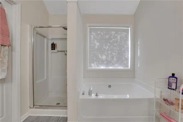 a bathroom with a bathtub and a shower