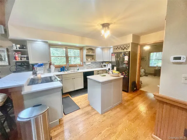 a large kitchen with a lot of cabinets a sink and a wooden floor