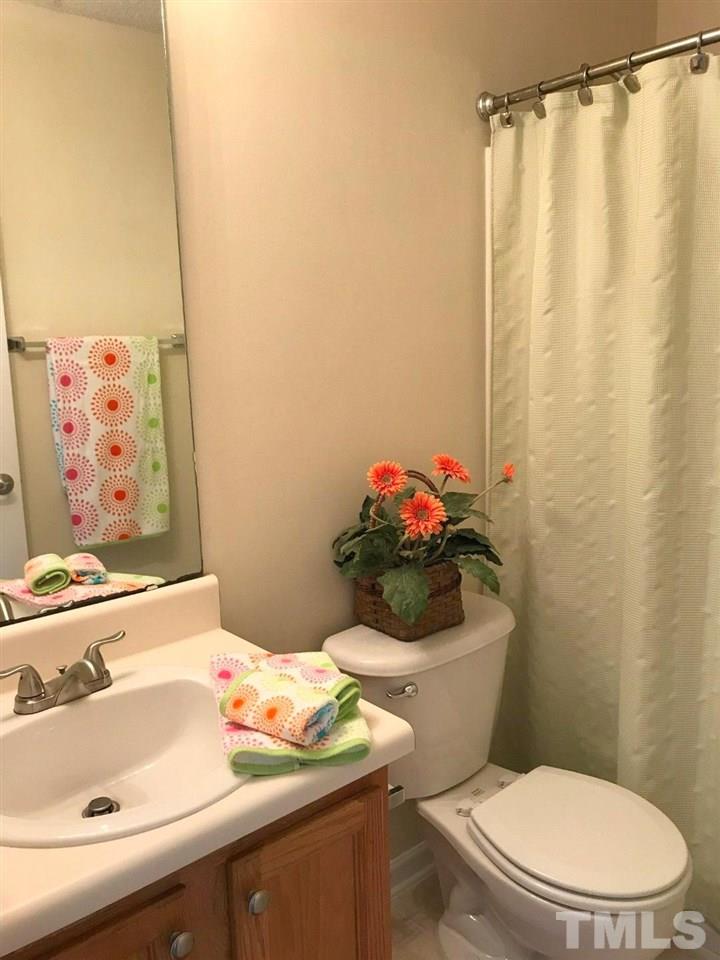 12516 Garden Tree Lane Raleigh, NC 27614 - Photo 17 of 25 a bathroom with a sink a toilet and a shower curtain