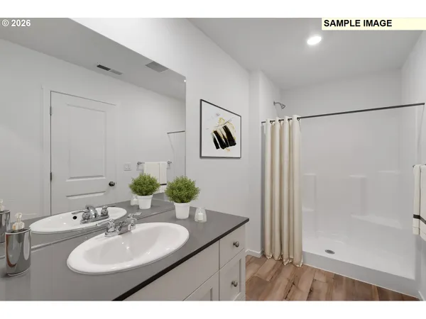 a bathroom with a sink mirror and a shower