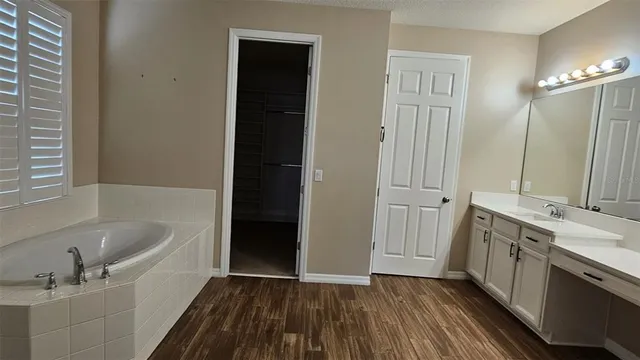 a bathroom with a tub sink and mirror