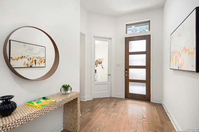 an entryway with wooden floor and a potted plant
