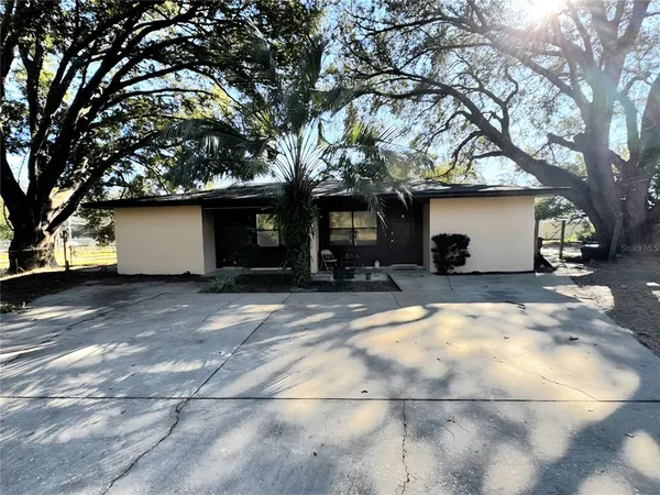 a view of a white house with a large tree
